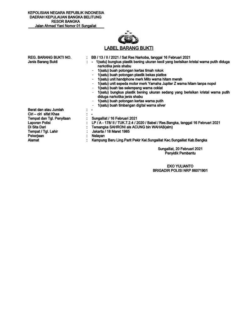 Label Barang Bukti Narkoba 2021 | PDF