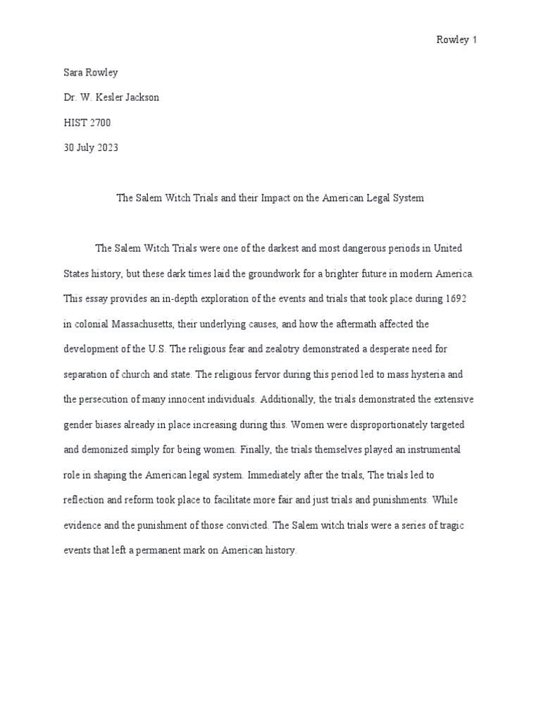 Salem Witch Trial Essay | PDF | Witchcraft | Puritans