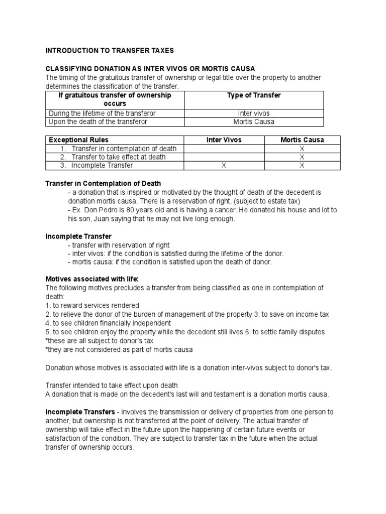 Transfer Taxes: Inter Vivos vs Mortis Causa | PDF | Will And Testament ...