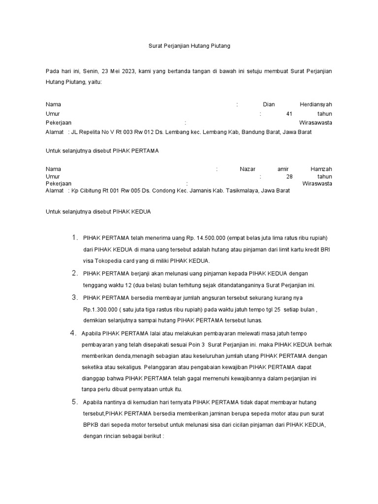 Contoh Surat Hutang | PDF