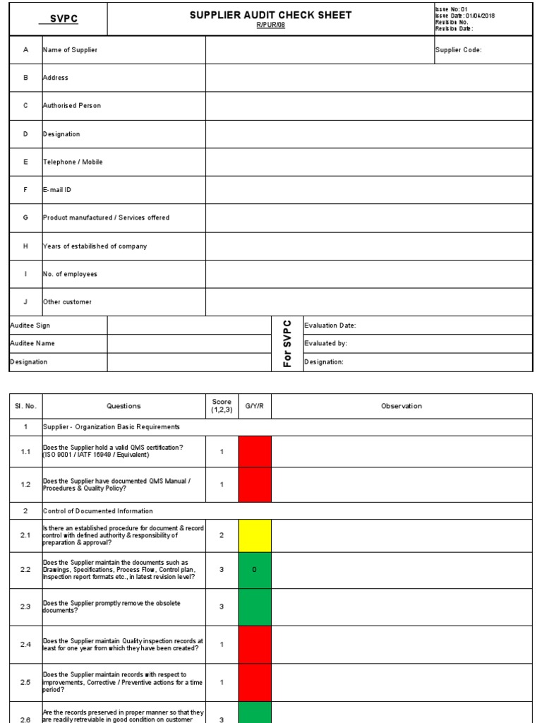 Supplier Audit Check Sheet PDF Calibration Quality Management System