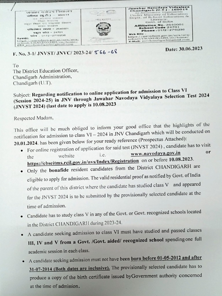 JNV Chandigarh Class VI Admission Notification | PDF