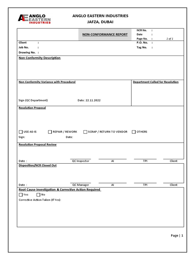 Non-Conformance Report Template | PDF | Finance & Money Management