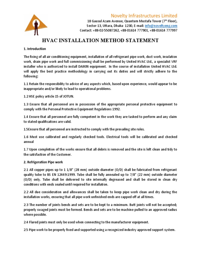 Method Statement For HVAC PDF Duct (Flow) Pipe (Fluid Conveyance)