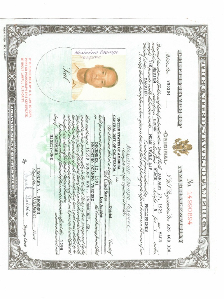 Certificate of Naturalization - Maximino O Vasquez20230309 - 13354428 | PDF