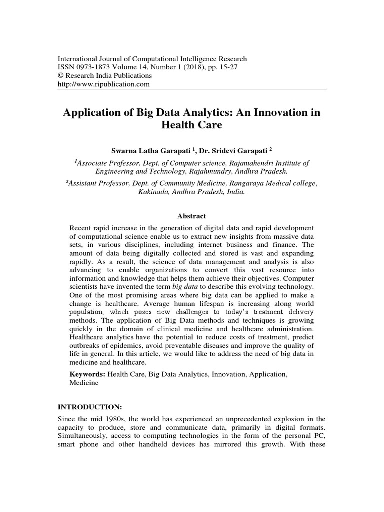 Application of Big Data Analytics - An Innovation in Health Care | PDF ...