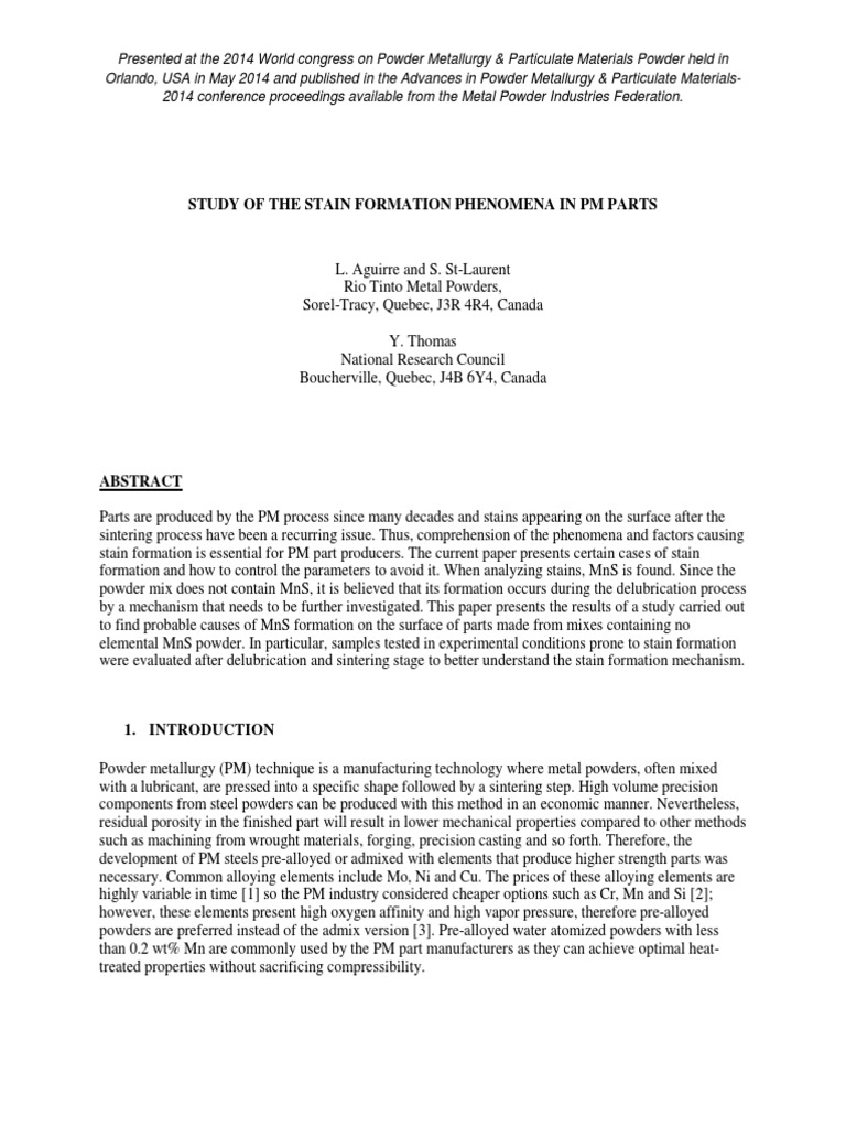 2014 Study of The Stain Formation Phenomena in PM Parts | PDF