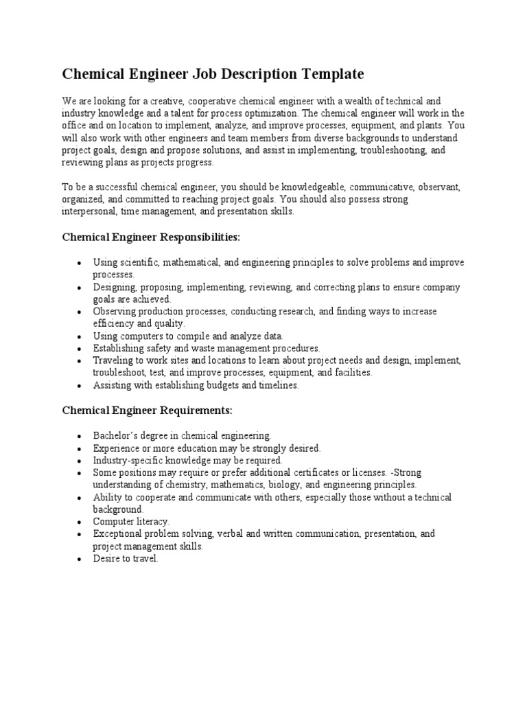 Chemical Engineer Job Description SAMPLE PDF