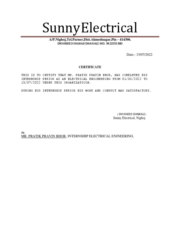 Internship Certificate for Electrical Engineering | PDF