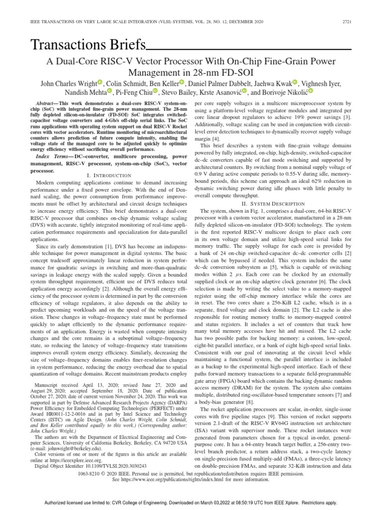 A dual core risc v vector processor with on chip fine grain power