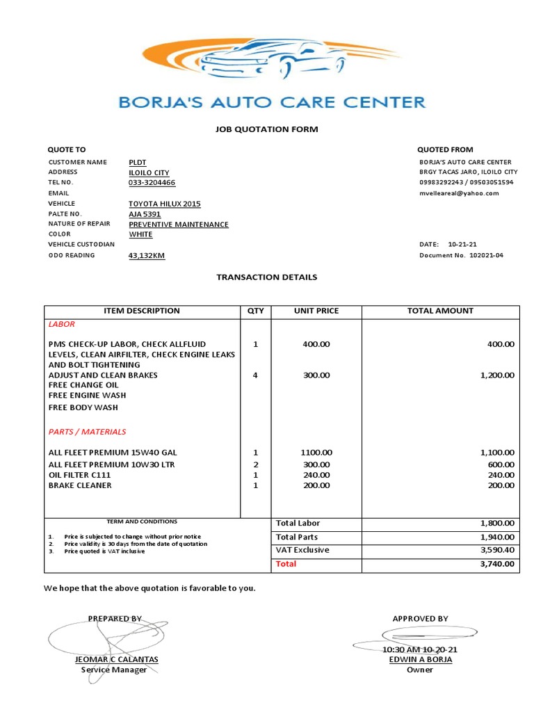 PLDT Job Quotation for Toyota Hilux | PDF | Wheeled Vehicles ...