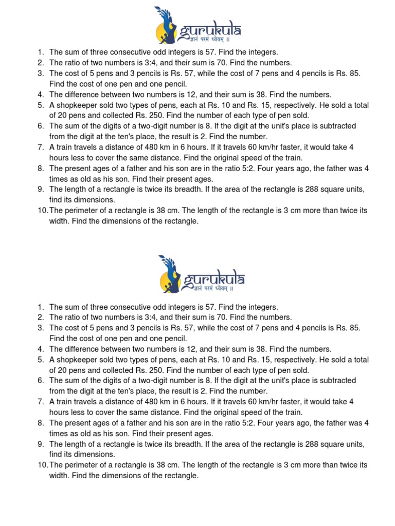 Linear Equations Test Word Problems PDF Length Area
