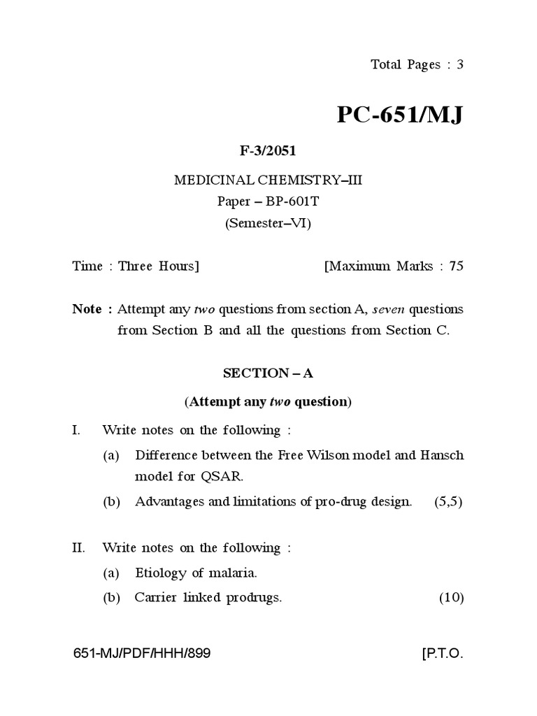 Bpharm Sem 6 Medicinal Chemistry Ques Paper | PDF | Chemistry | Health ...