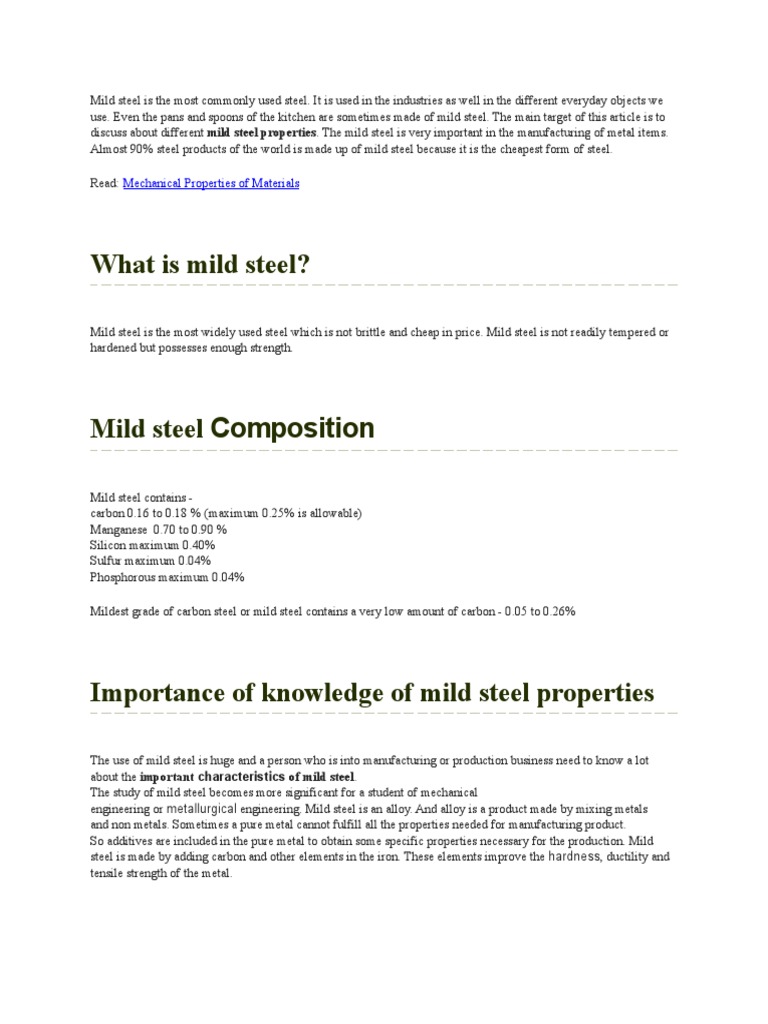 Mild Steel Is The Most Commonly Used Steel PDF Steel Metals