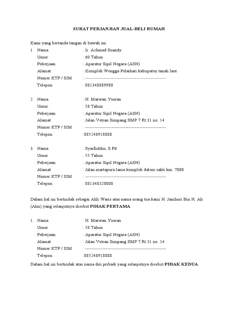 Contoh Surat Perjanjian Jual Beli Rumah | PDF