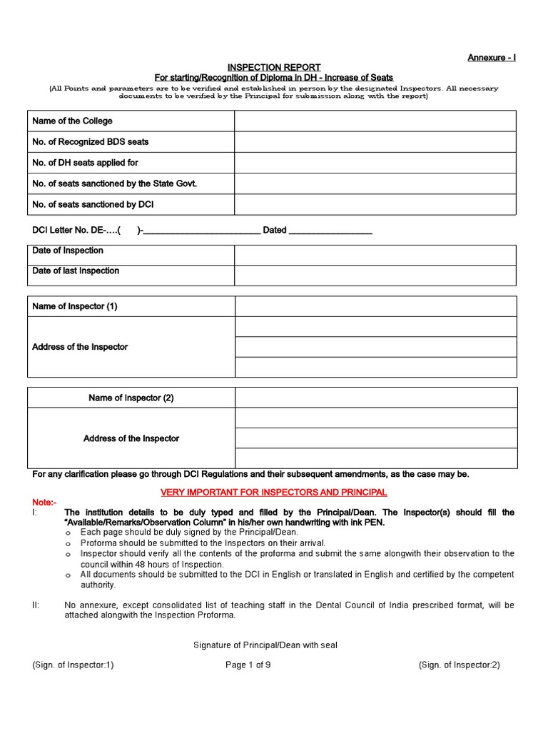 Inspection proformaDH PDF Dental Degree Doctor Of Medicine