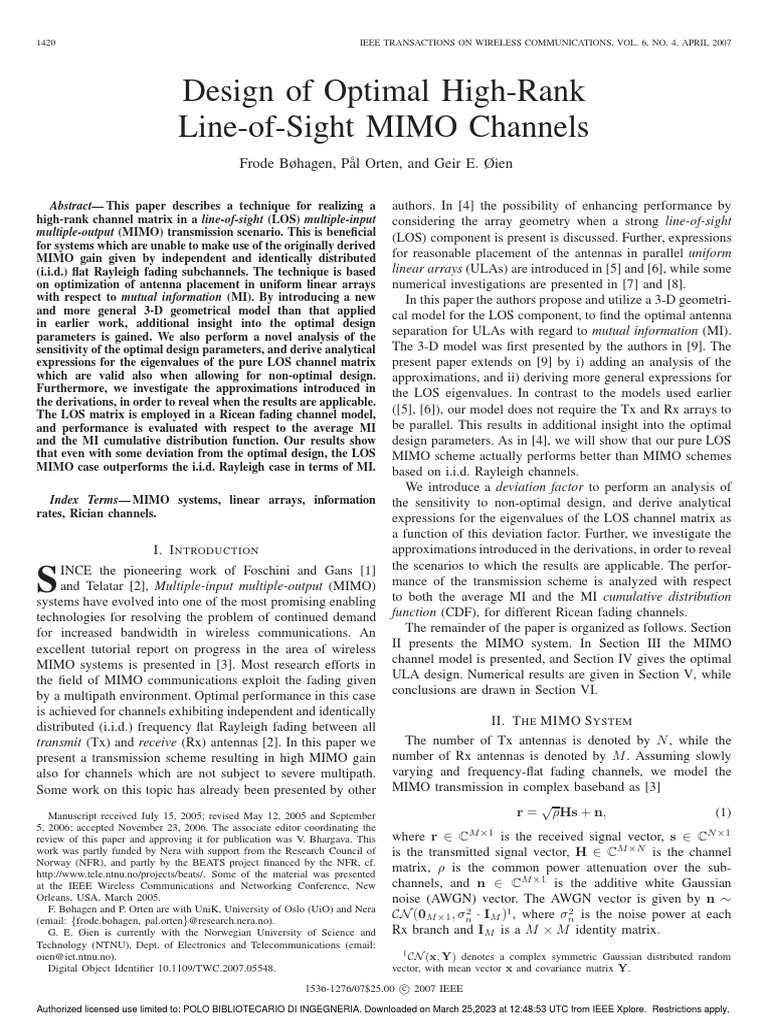 Optimal Design for LOS MIMO Channels | PDF | Mimo | Matrix (Mathematics)
