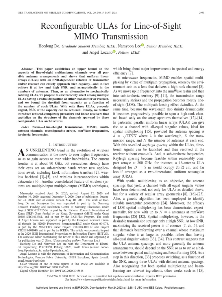 Reconfigurable ULAs For Line-of-Sight MIMO Transmission | PDF | Mimo ...