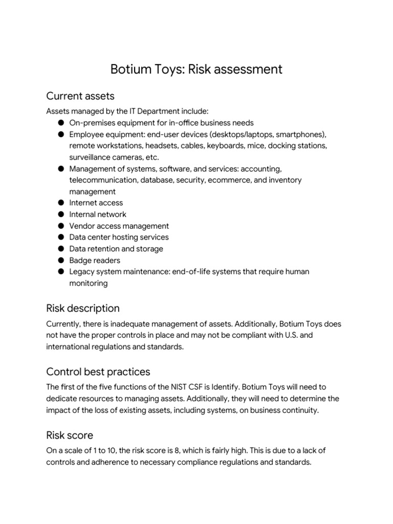 Botium Toys Security Risk Assessment | PDF