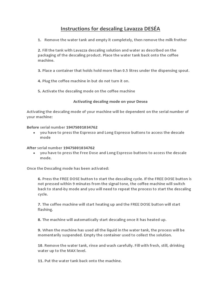 InstructionsfordescalingLavazzaDESEA PDF
