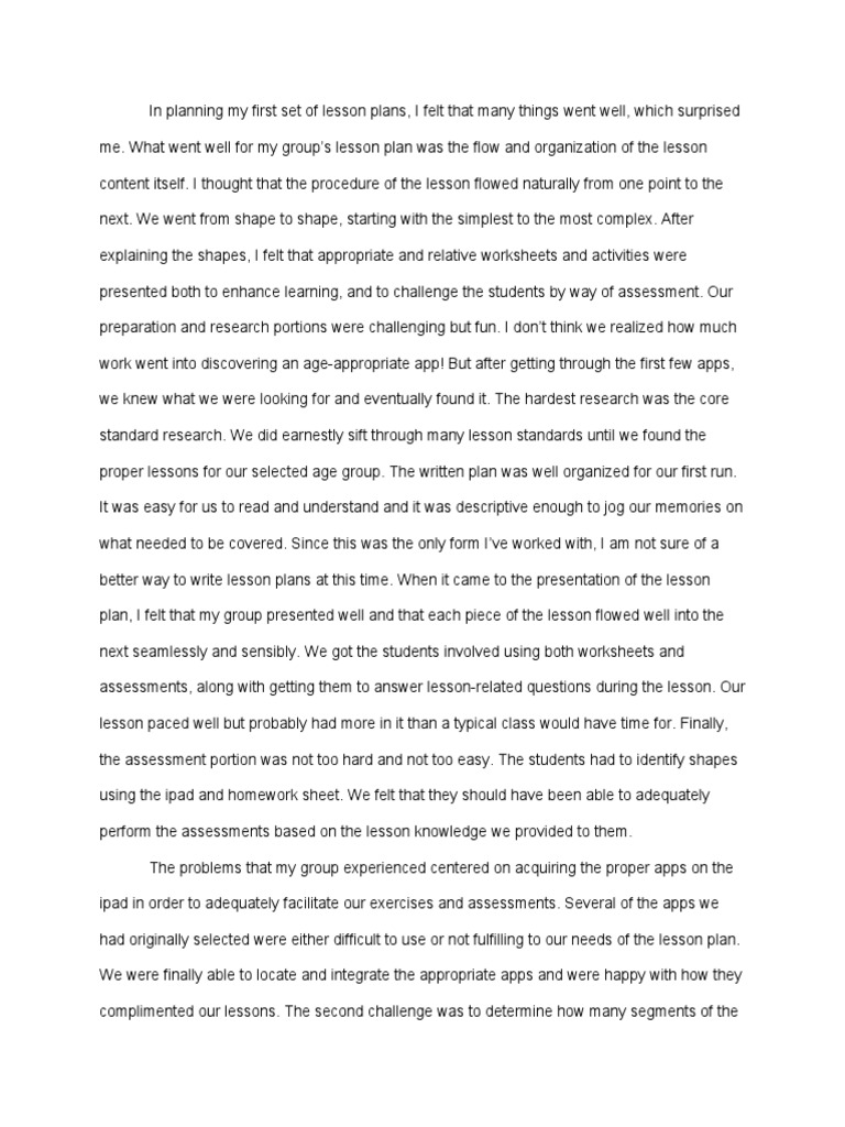 Lesson Plan Reflection Sample