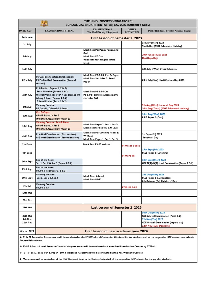 Tentative Calendar For 2023 SA2 PDF Educational Stages