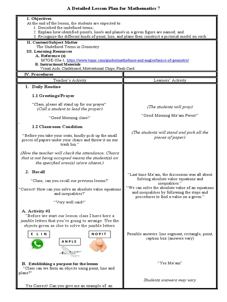 Geometry Lesson Plan for Grade 7 | PDF | Lesson Plan | Line (Geometry)