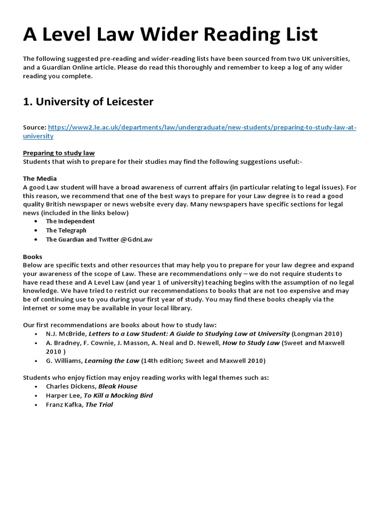 A Level Law Wider Reading List: 1. University of Leicester | PDF ...