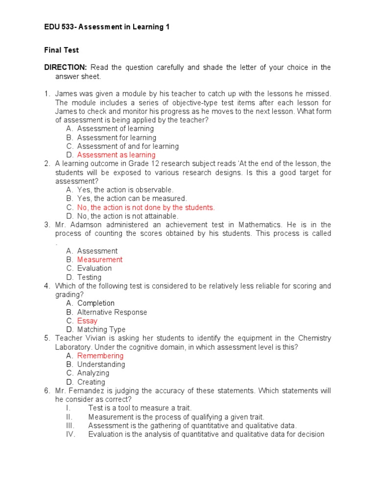 Edu 533 Assessment In Learning 1 Pdf Educational Assessment