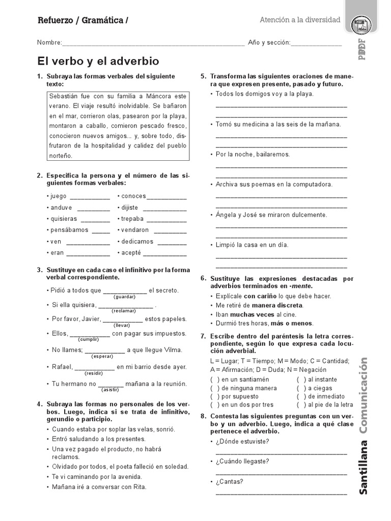 Ejercicios de verbos y adverbios 3º primaria | PDF | Adverbio ...