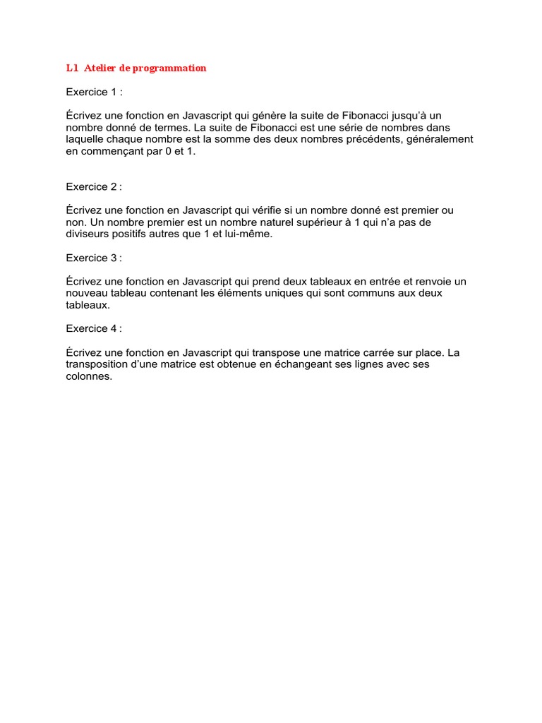 Exercices de programmation en JavaScript | PDF