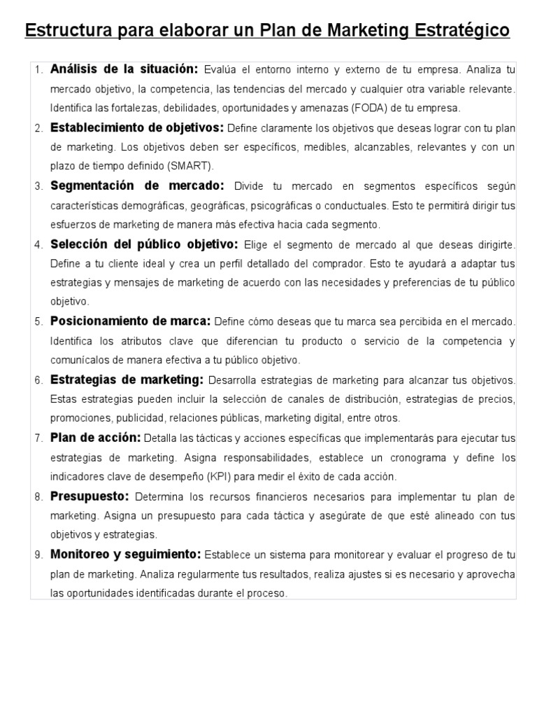 Como Elaborar Un Plan De Marketing Estratégico Pdf Marketing