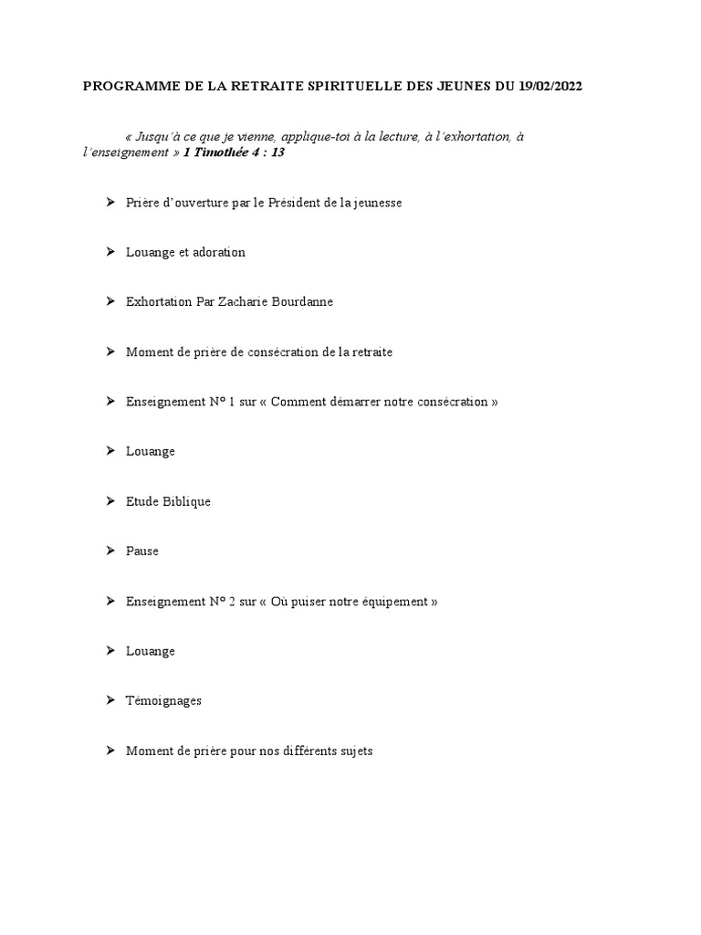 Programme Retraite Spirituelle Jeunes | PDF