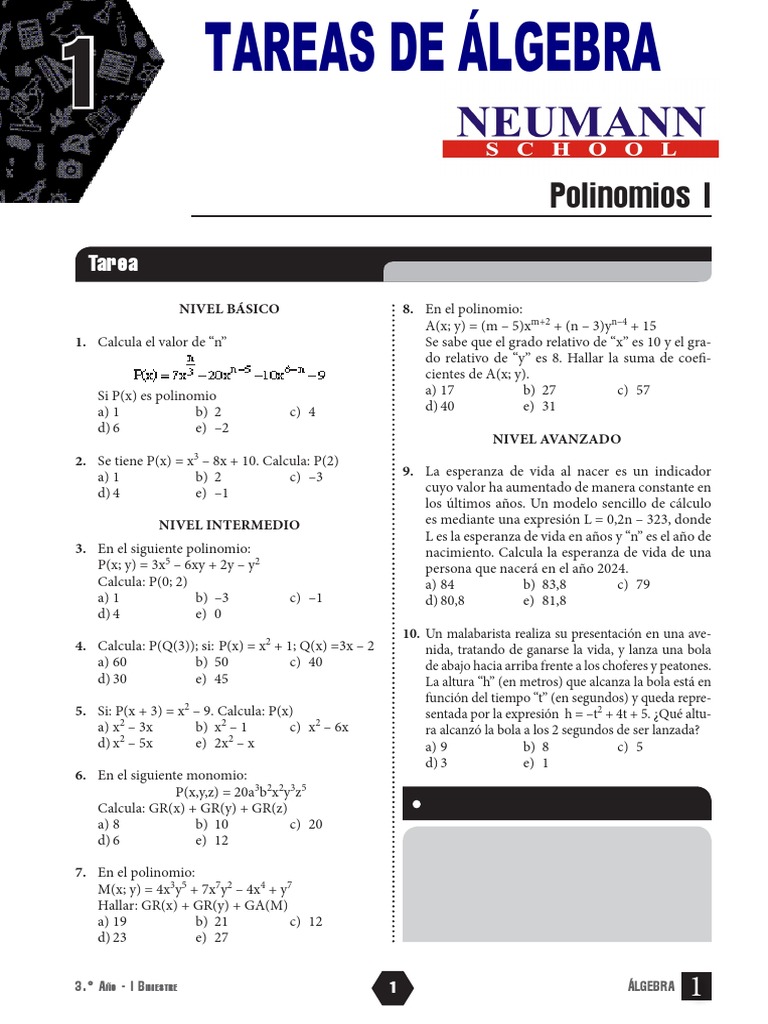 álgebra 3ro Sec I Bim Tarea Pdf División Matemáticas