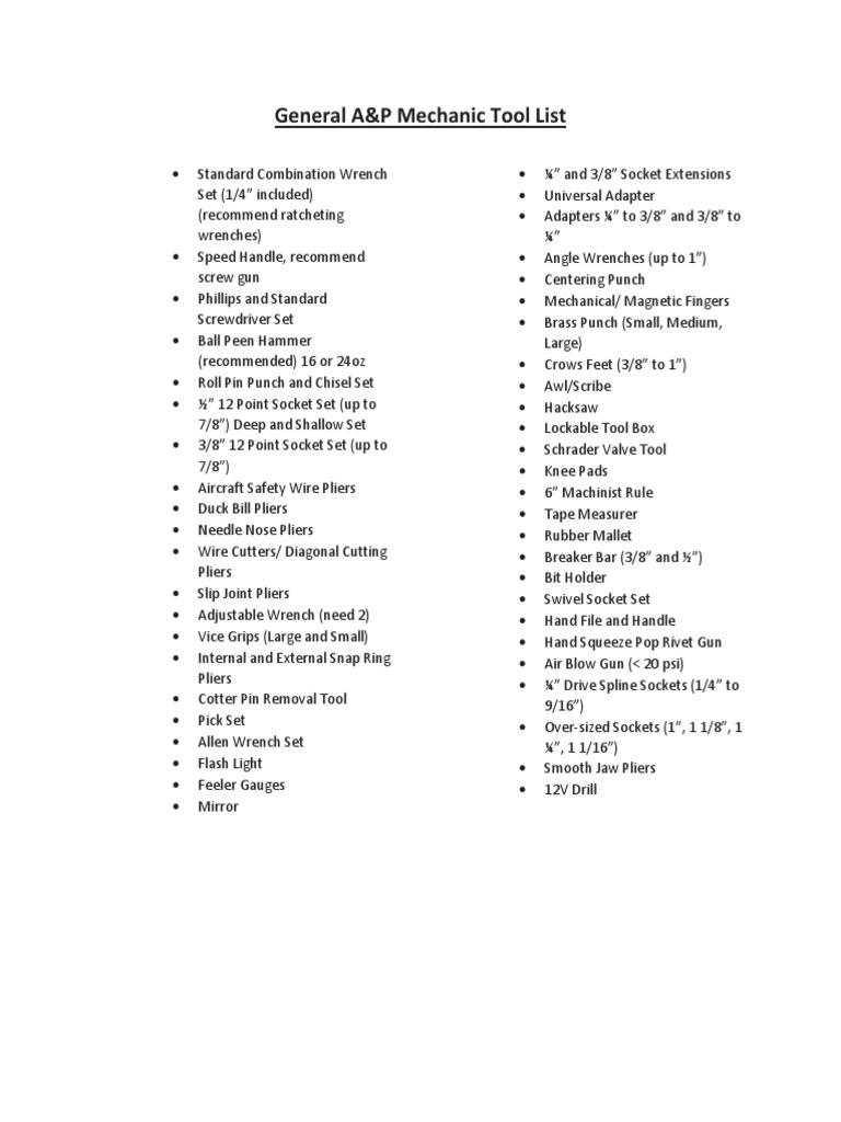 A&P Mechanic Essential Tool List | PDF | Teaching Methods & Materials ...