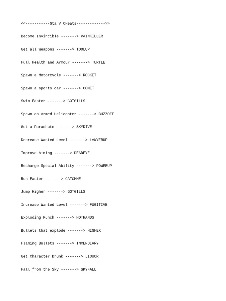 Gta v cheats pdf