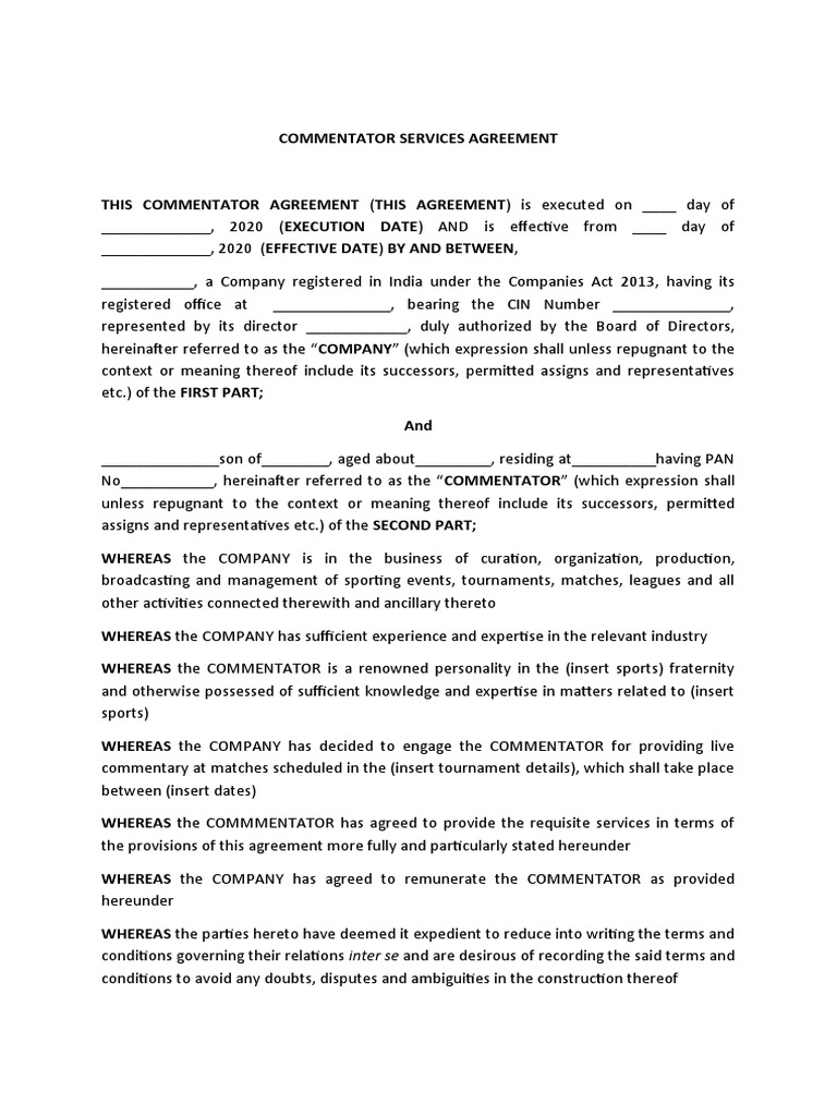 Commentator Agreement Template | PDF | Indemnity | Arbitration
