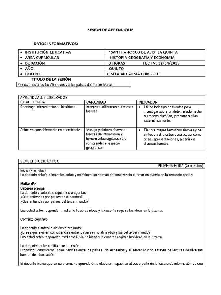 SESIÓN DE APRENDIZAJE Historia 5° PDF Maestros Aprendizaje