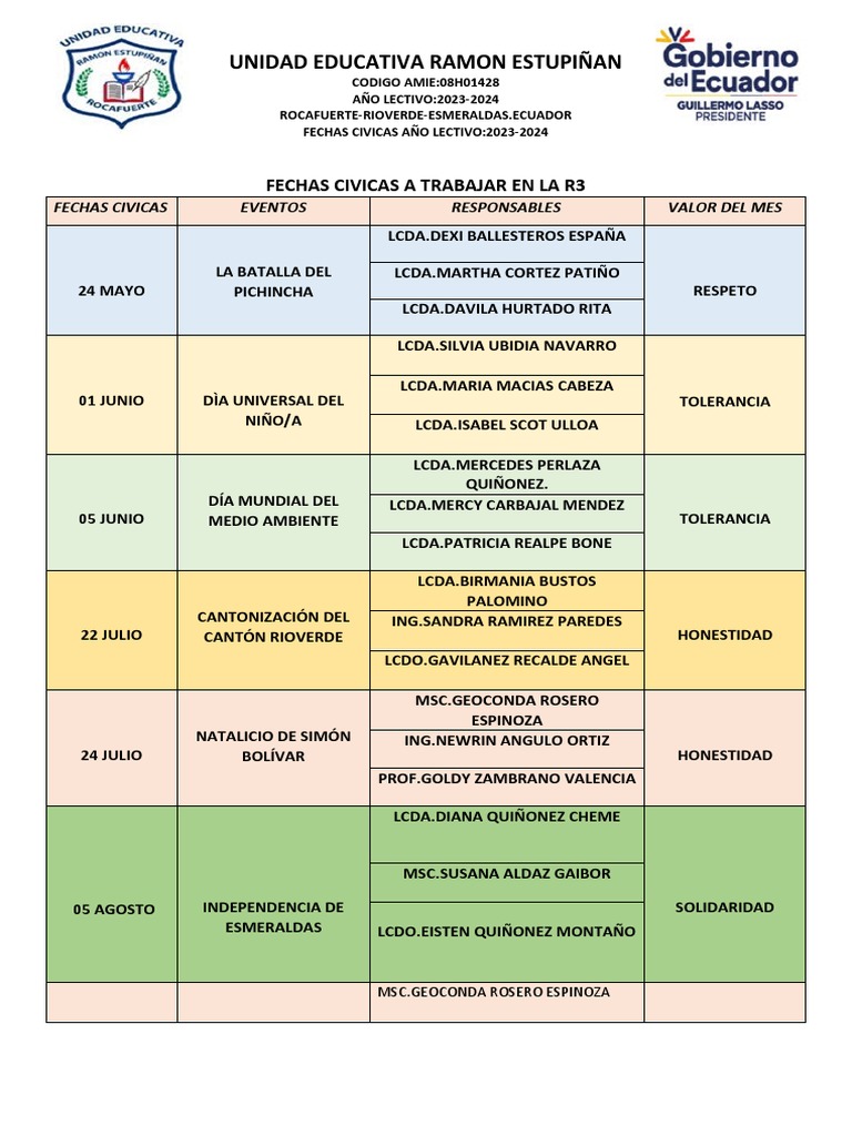 Fechas Civicas Año Lectivo 2023 2024 PDF
