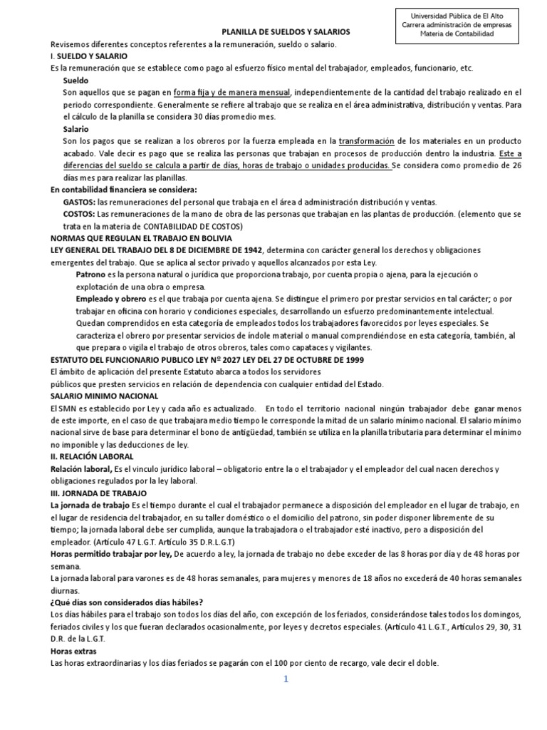 Planilla de Sueldos y Salarios en Bolivia | PDF | Salario | Derecho laboral
