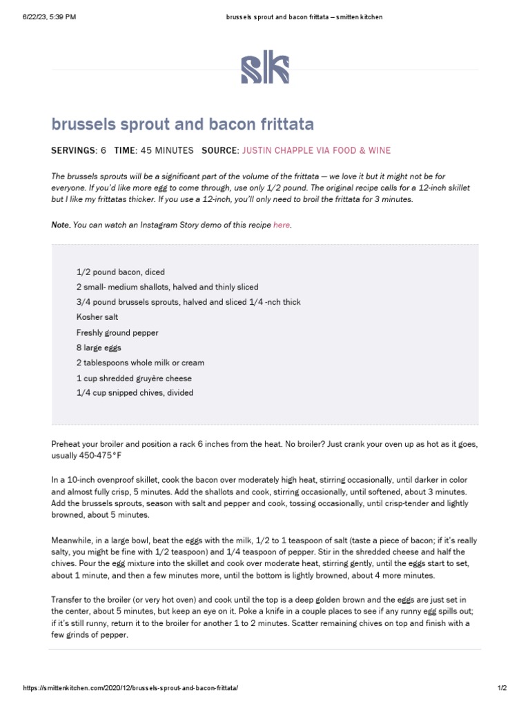 Brussels Sprout and Bacon Frittata Smitten Kitchen PDF Teaspoon Bacon
