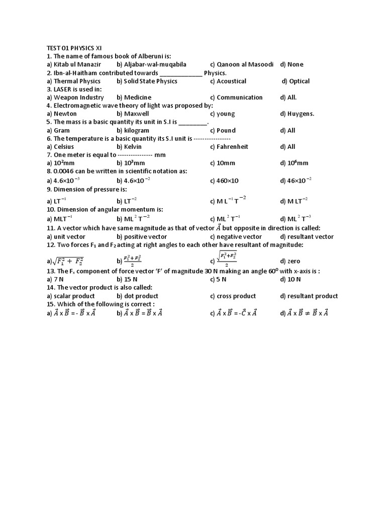 Physics Test 1 CBA Mock Test | PDF | Euclidean Vector | Force