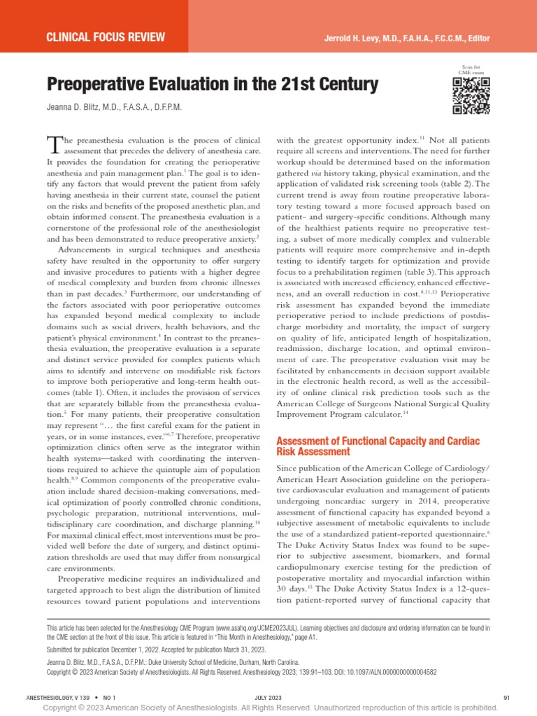 Preoperative Evaluation in The 21st Century | PDF | Cardiovascular ...