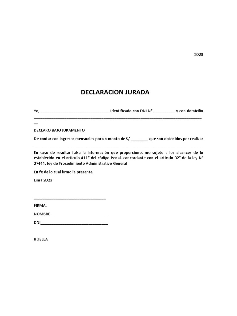 Declaración Jurada de Ingresos 2023 | PDF | Negocios | Finanzas y dinero