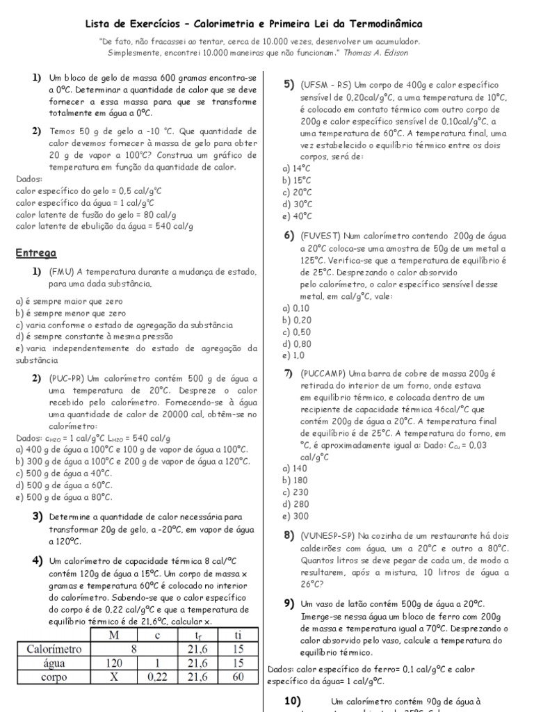 Lista de Exercícios - Calorimetria e Primeira Lei Da Termo | Download ...