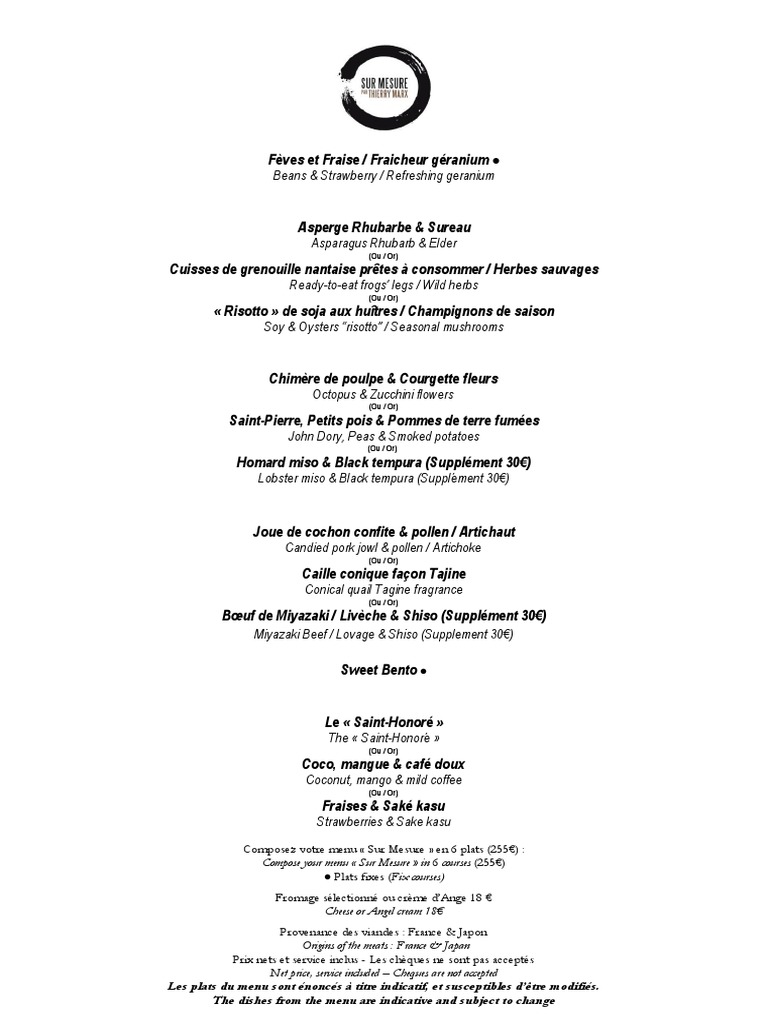 Paris Restaurant Sur Mesure Menu Dinner Eng | PDF