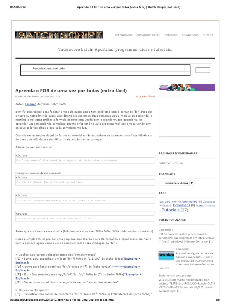 Comando FOR em Batch Script Simplificado | PDF | Arquivo de texto ...