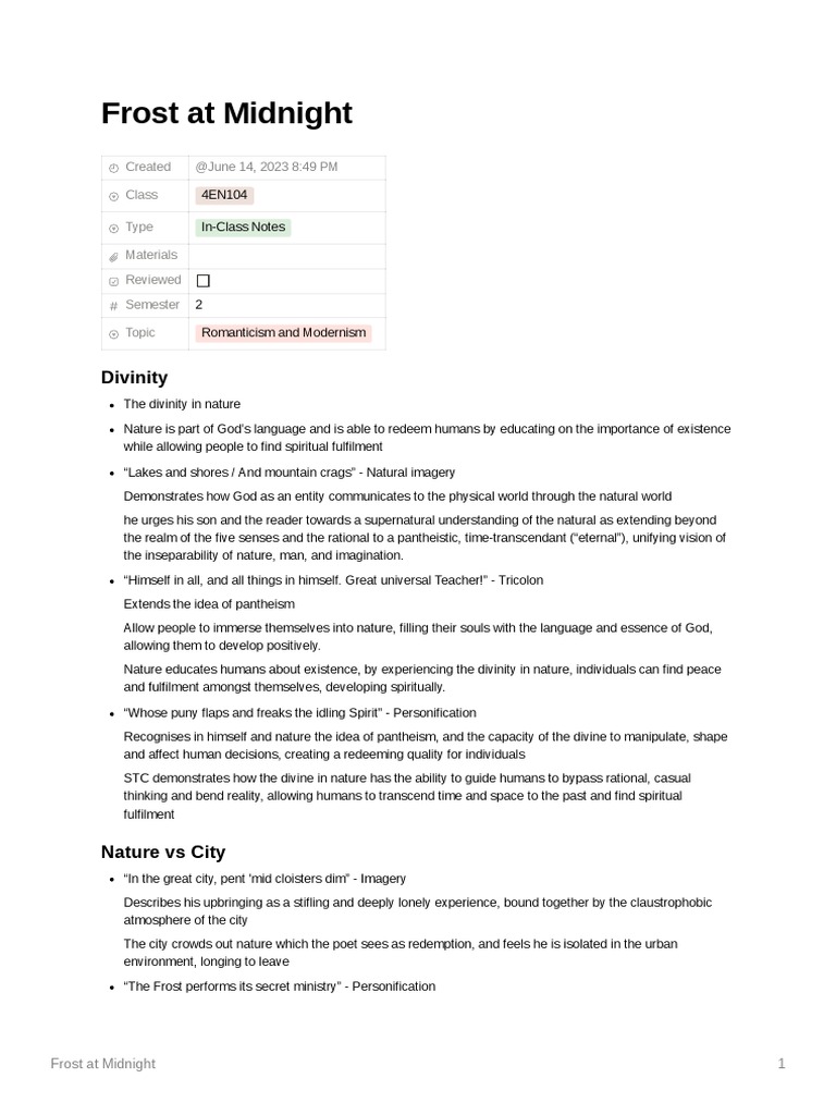 Frost at Midnight Analysis PDF Pantheism Divinity