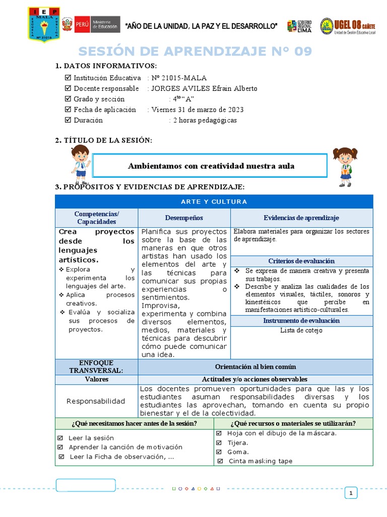 Sesión de Arte y Cultura para 4to Grado | PDF | Aprendizaje | Evaluación