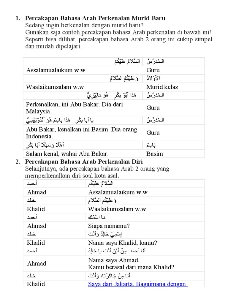 Percakapan Bahasa Arab Perkenalan Murid Baru | PDF